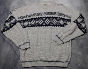 Vintage Alpine Ridge Sweater Mens XL Gray Fair Isle Crewneck Cotton Knit Nordic